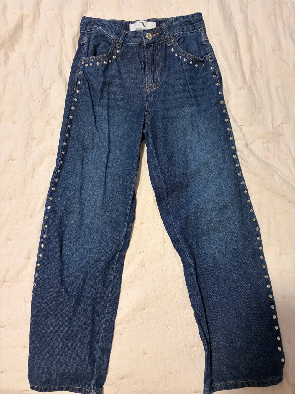 Straight-Leg Dark Blue Stud-Trim Women's Jeans